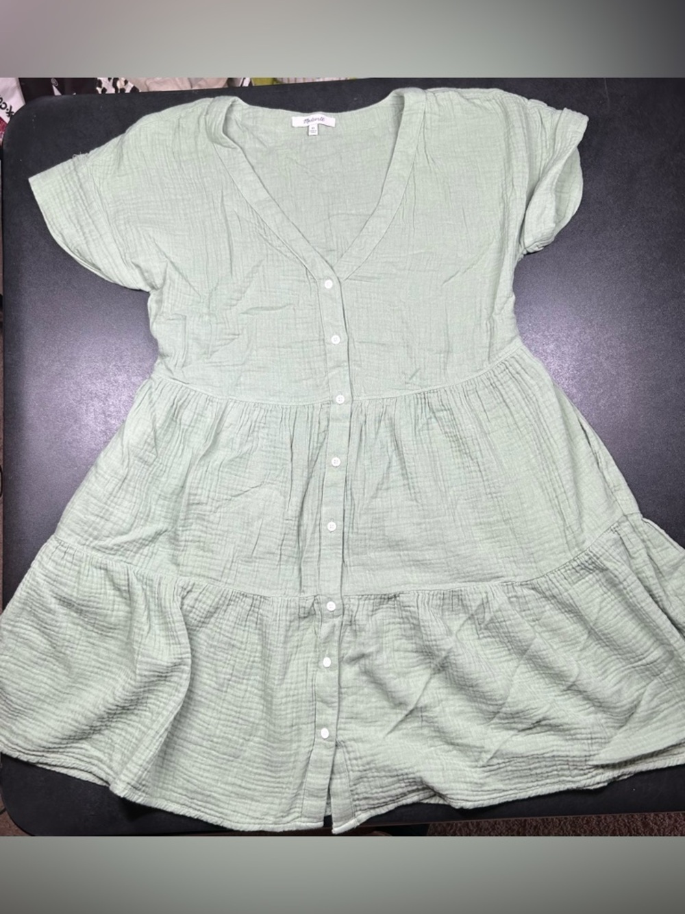 Madewell $110 Lightspun Button Front Tiered Mini Dress Aloe Green Size XS NK417